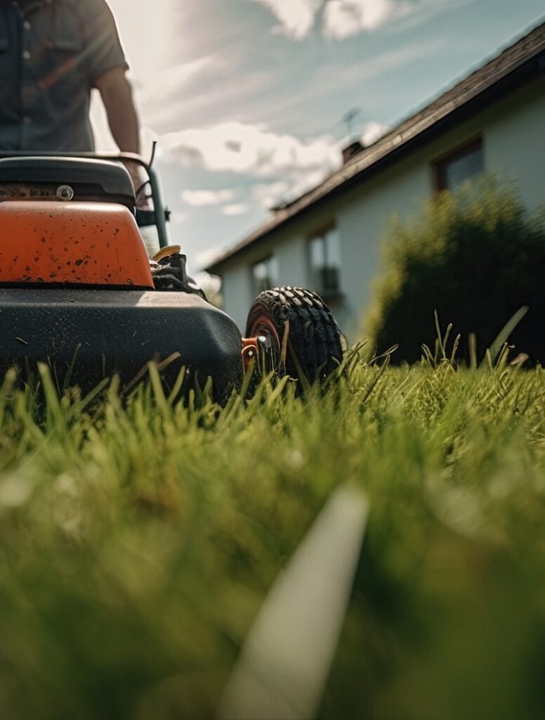 A man mowing the lawn on a self-propelled lawnmower, close-up. Man mowing lawn in the backyard of his house. Man with lawn mower. Generative AI